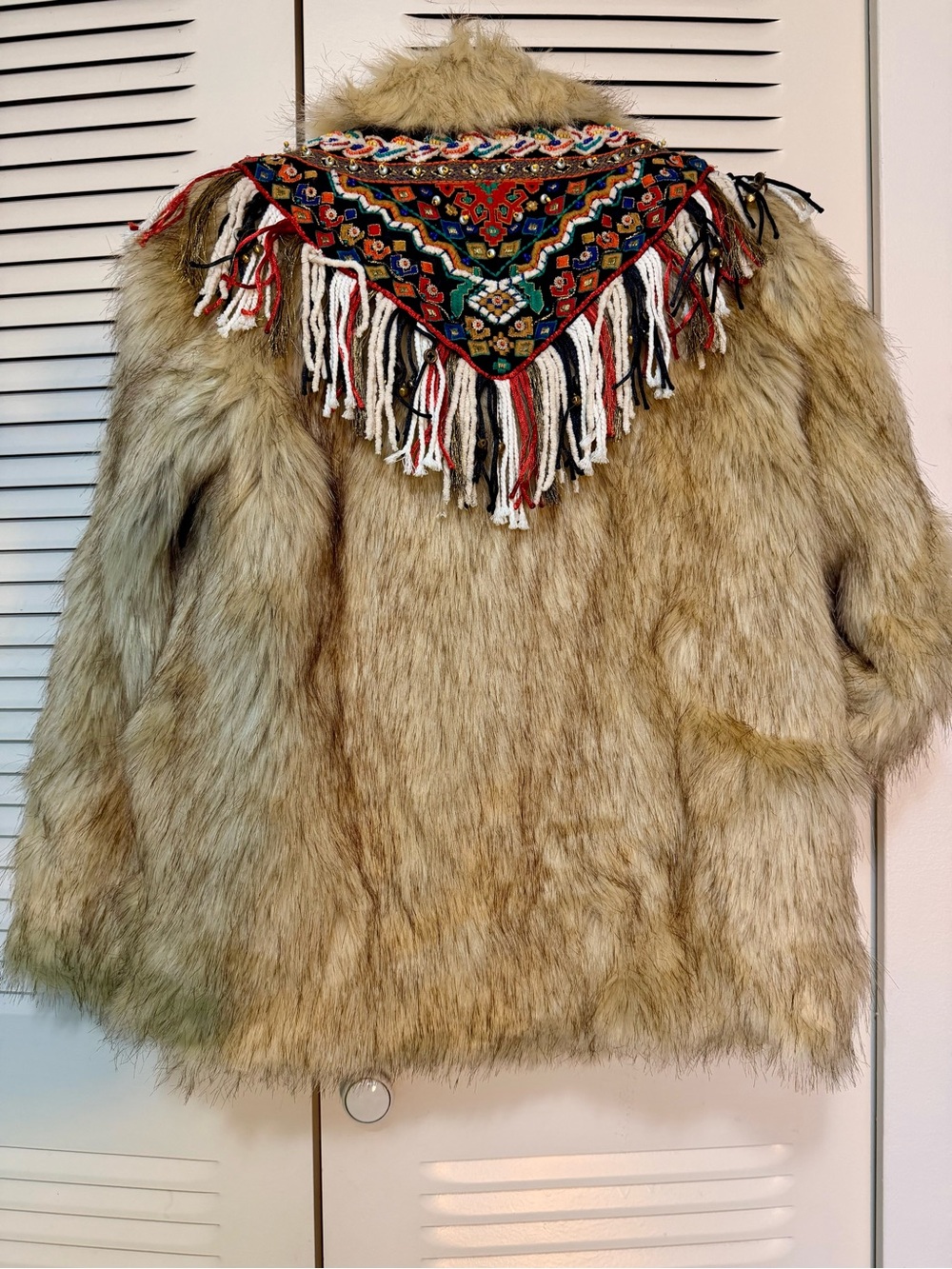 Zara Beige Faux-Fur Jacket with Embroidered Fringe Yoke - Picture 2 of 9